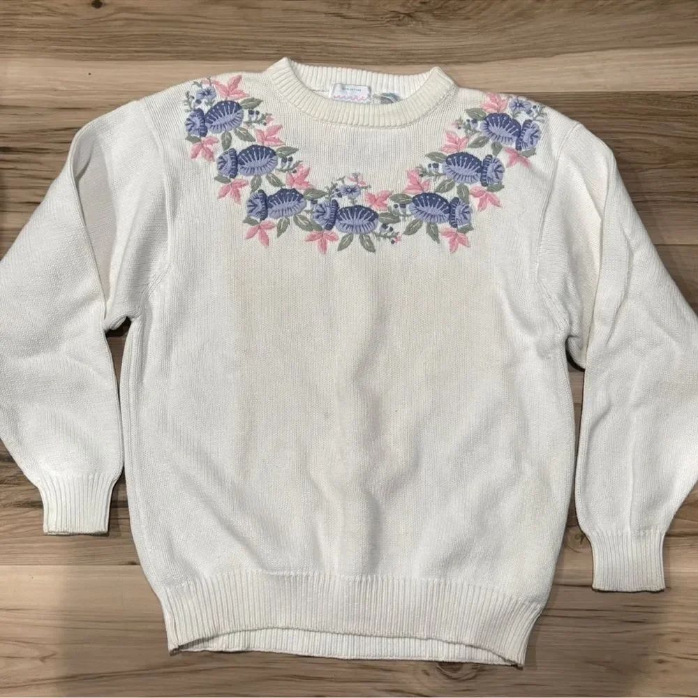 Vintage Floral Embroidered Knit Collar Spring Crewneck Sweater Women’s Large